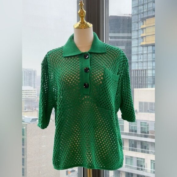 🆕 FARM Rio 🧿 NWOT Kelly Green Crochet Collared Polo, Sz L - Picture 4 of 14